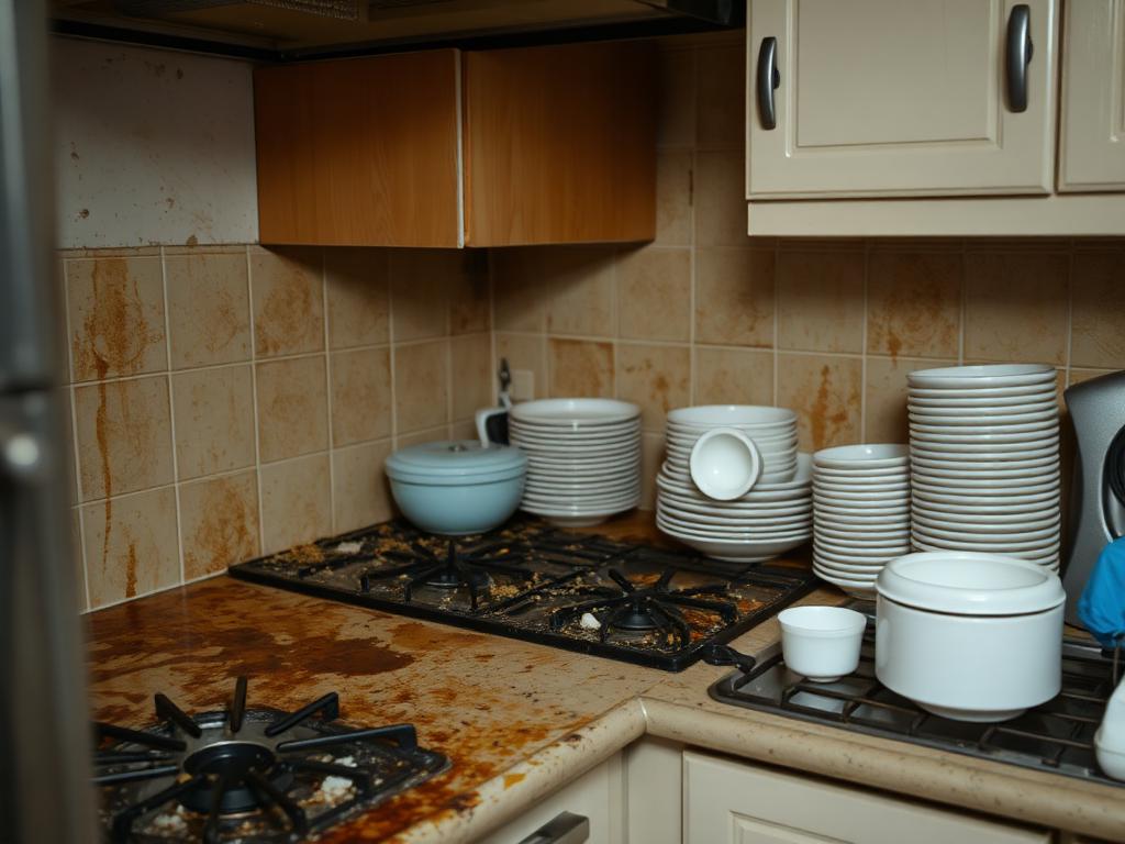 Greasy kitchen with dirty hob before deep cleaning
